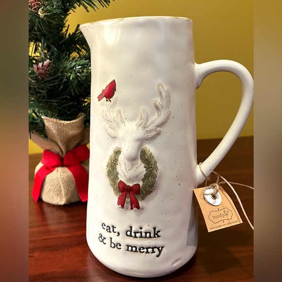 MUD PIE Christmas Pitcher Eat Drink Be Merry Red Cardinal Wreath Reindeer Vase - Picture 2 of 5